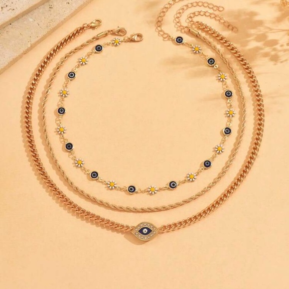 Gold 3 Piece Layered Evil Eye Necklace Set Gold Chain - Picture 2 of 3